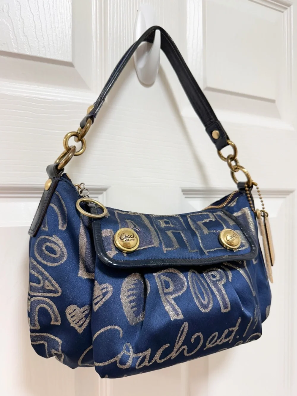 Coach Poppy Story Patch Bag Navy Metallic Gold Graffiti Satin 2Way